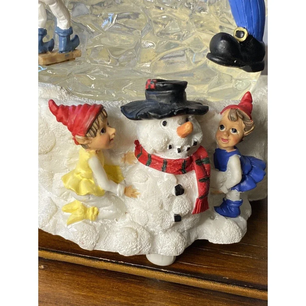 Vintage Santa Claus Elves Musical Lighted MERRY CHRISTMAS Ice Carving 7.5” Gift